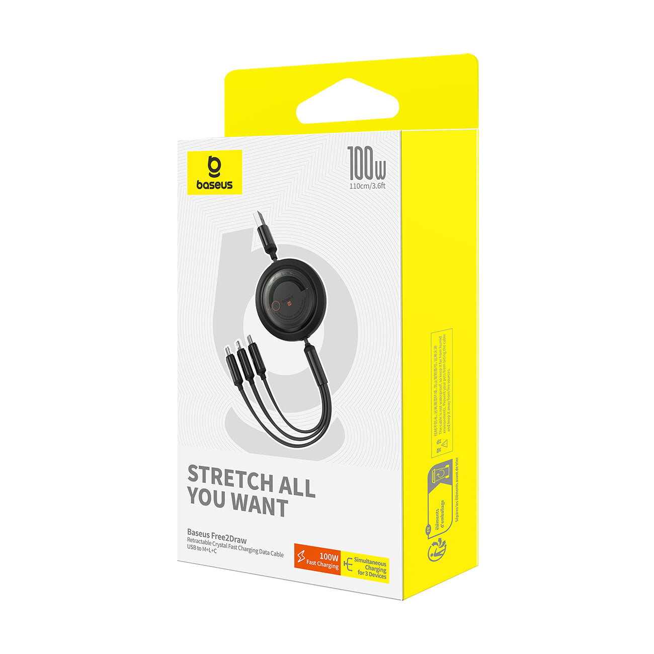 Baseus Free2Draw Retractable Crystal Kabel zwijany 100W 3w1 USB-A - MicroUSB/Lightning/USB-C 1,1m