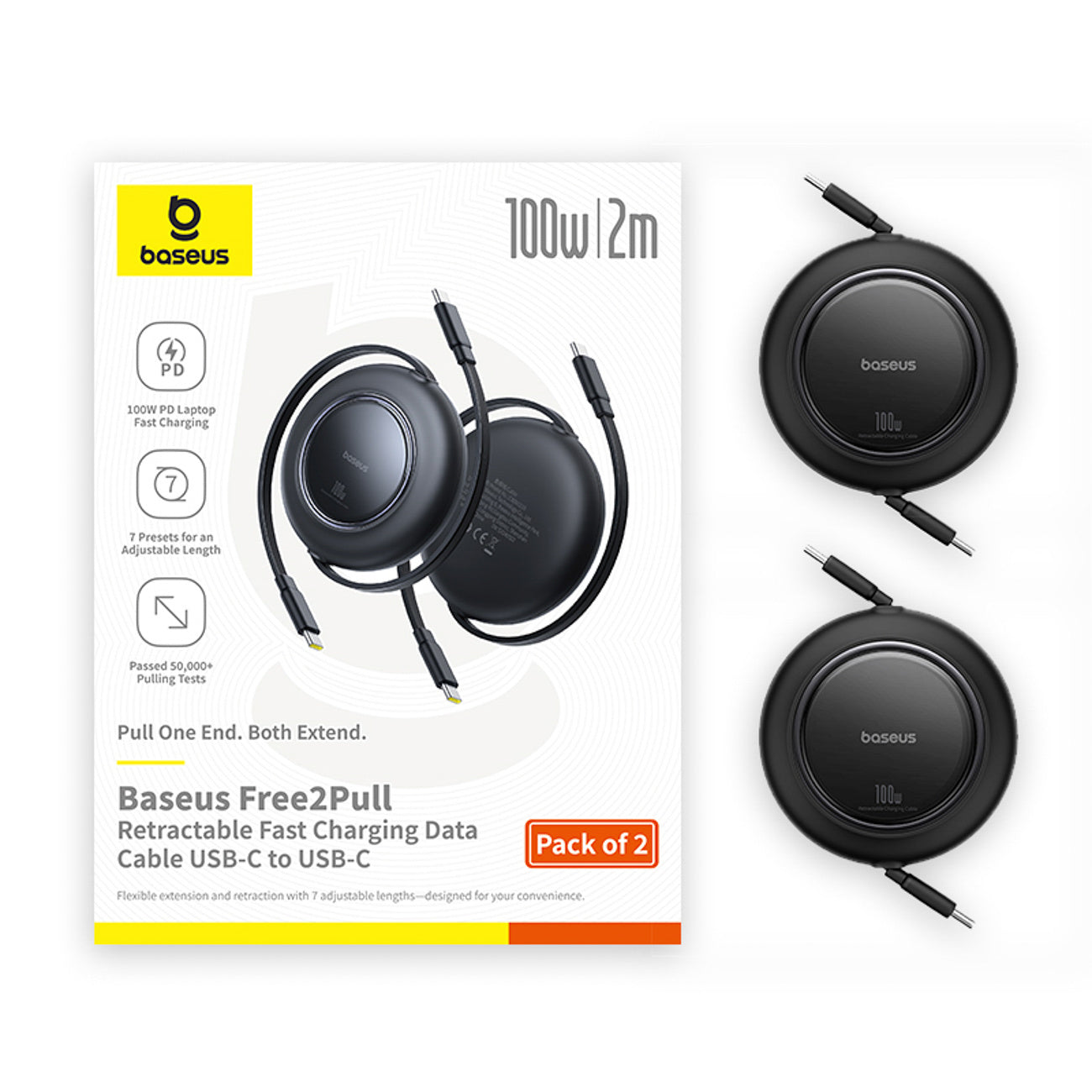 Baseus Free2Pull Kabel zwijany USB-C - USB-C 100W 2m (2 szt.)