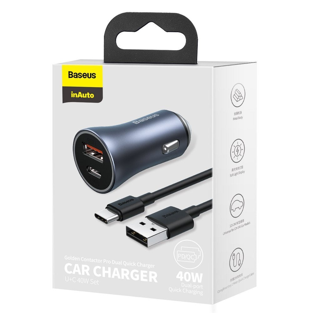 Ładowarka Baseus Golden Contactor Pro do samochodu USB-C / USB-A 40W PD QC 4+ SCP FCP AFC + kabel