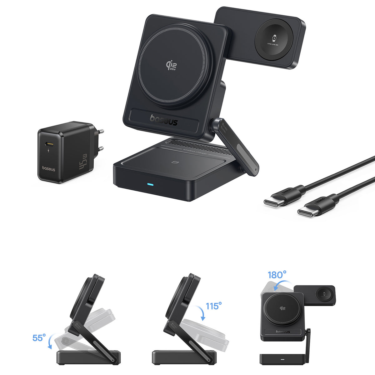 Baseus PicoGo AF21 Ładowarka bezprzewodowa 3w1 Qi2.2 35W z zasilaczem EU 45W i kablem USB-C 1m
