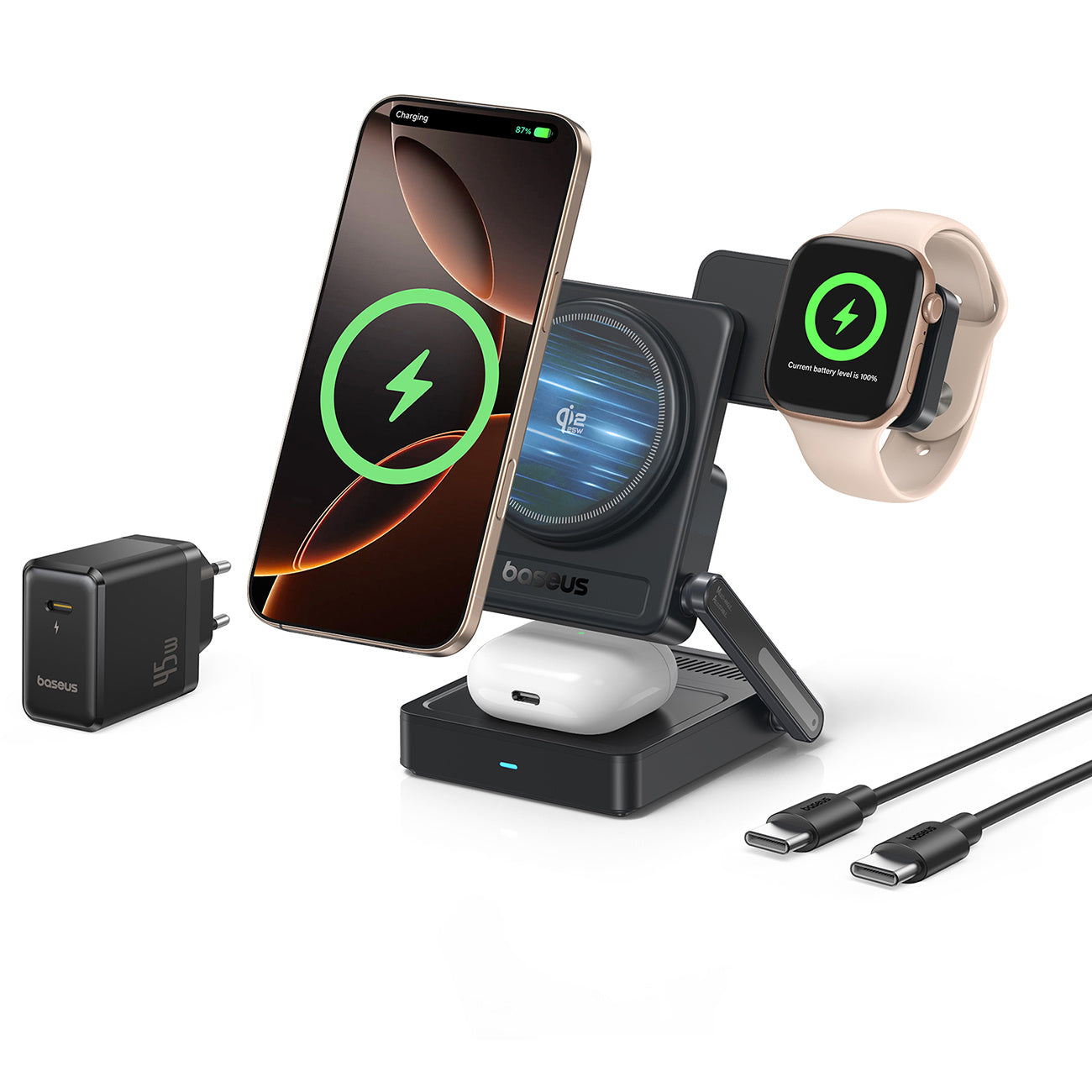 Baseus PicoGo AF21 Ładowarka bezprzewodowa 3w1 Qi2.2 35W z zasilaczem EU 45W i kablem USB-C 1m