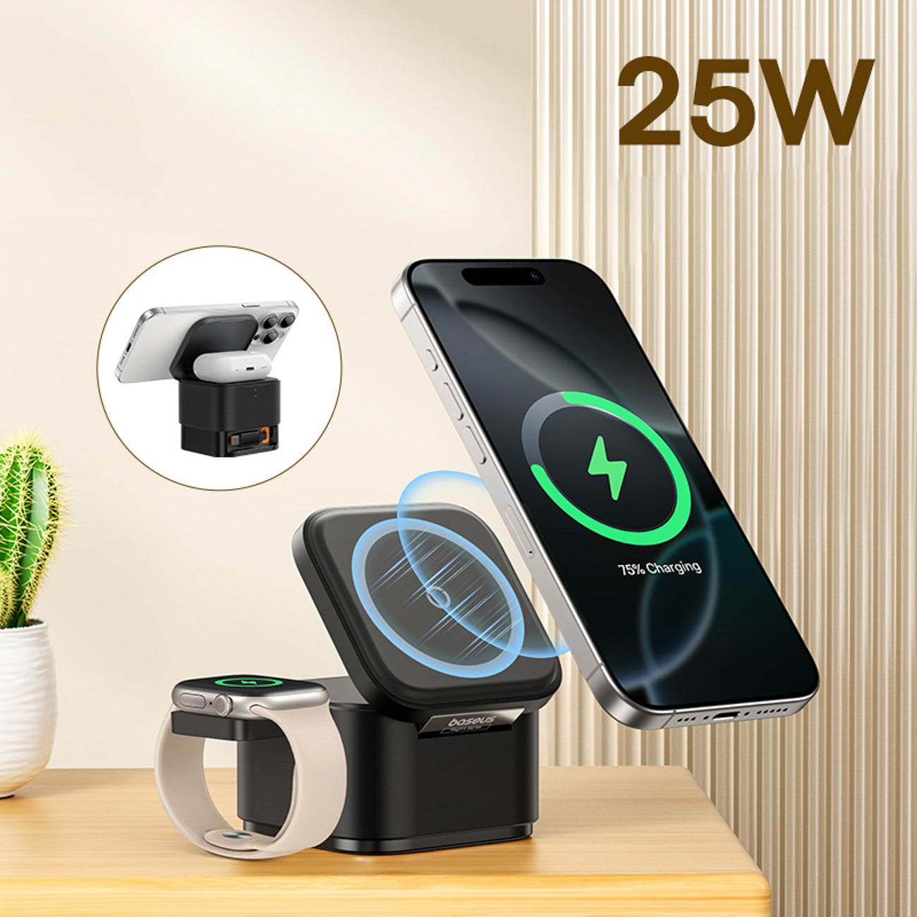 Baseus MagPro 3w1 25W Ładowarka indukcyjna kompatybilna z MagSafe do telefonu i smartwatcha