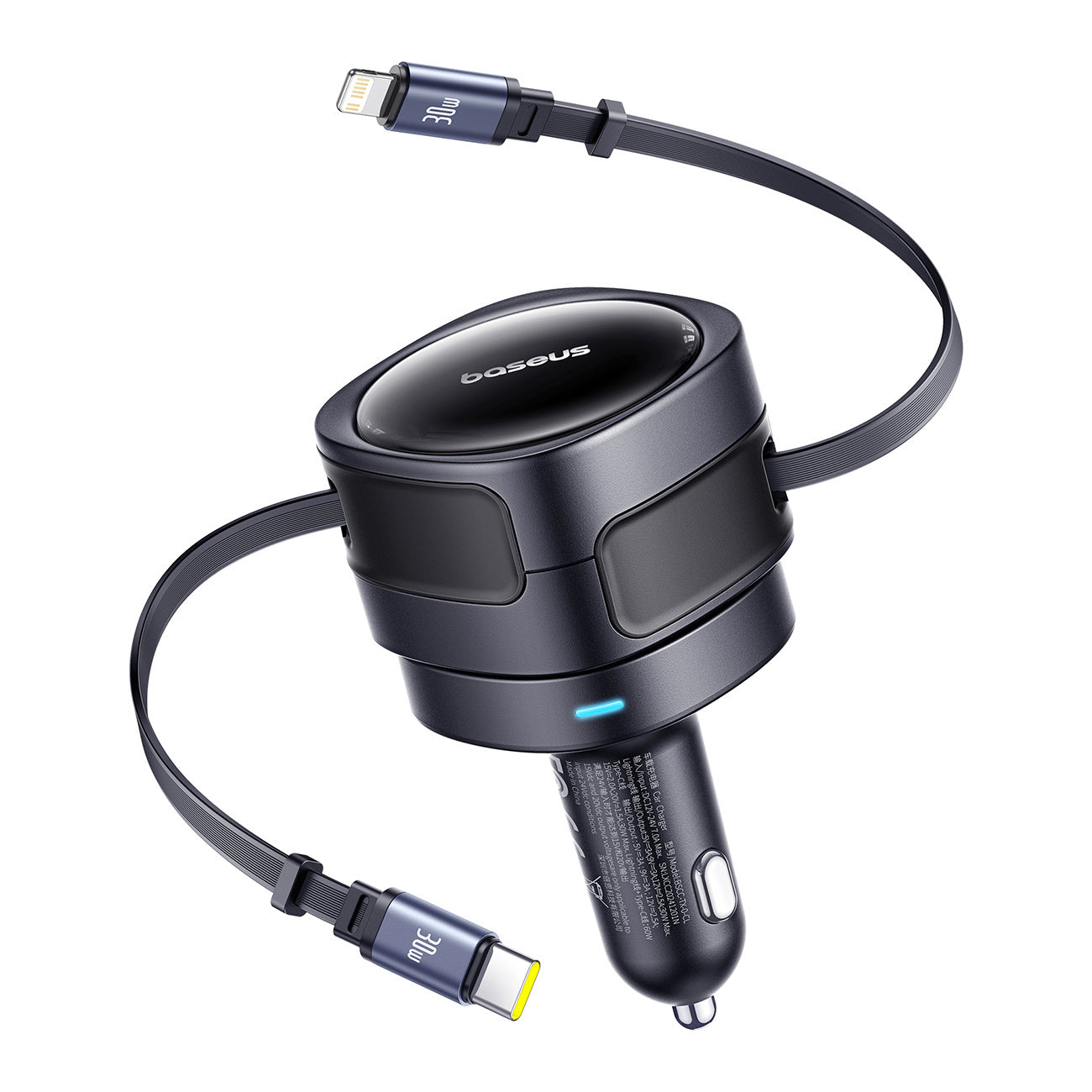 Baseus Enjoyment Max Ładowarka samochodowa 60W ze zwijanymi kablami USB-C i Lightning