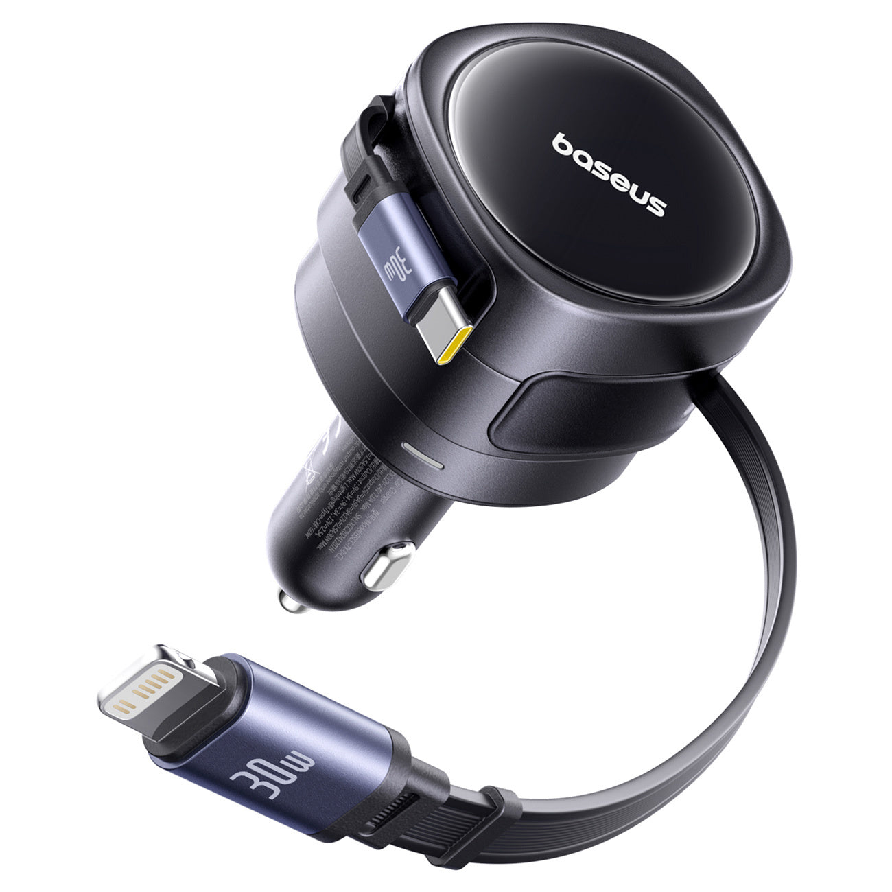 Baseus Enjoyment Max Ładowarka samochodowa 60W ze zwijanymi kablami USB-C i Lightning