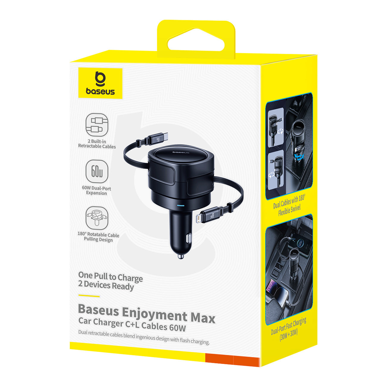 Baseus Enjoyment Max Ładowarka samochodowa 60W ze zwijanymi kablami USB-C i Lightning
