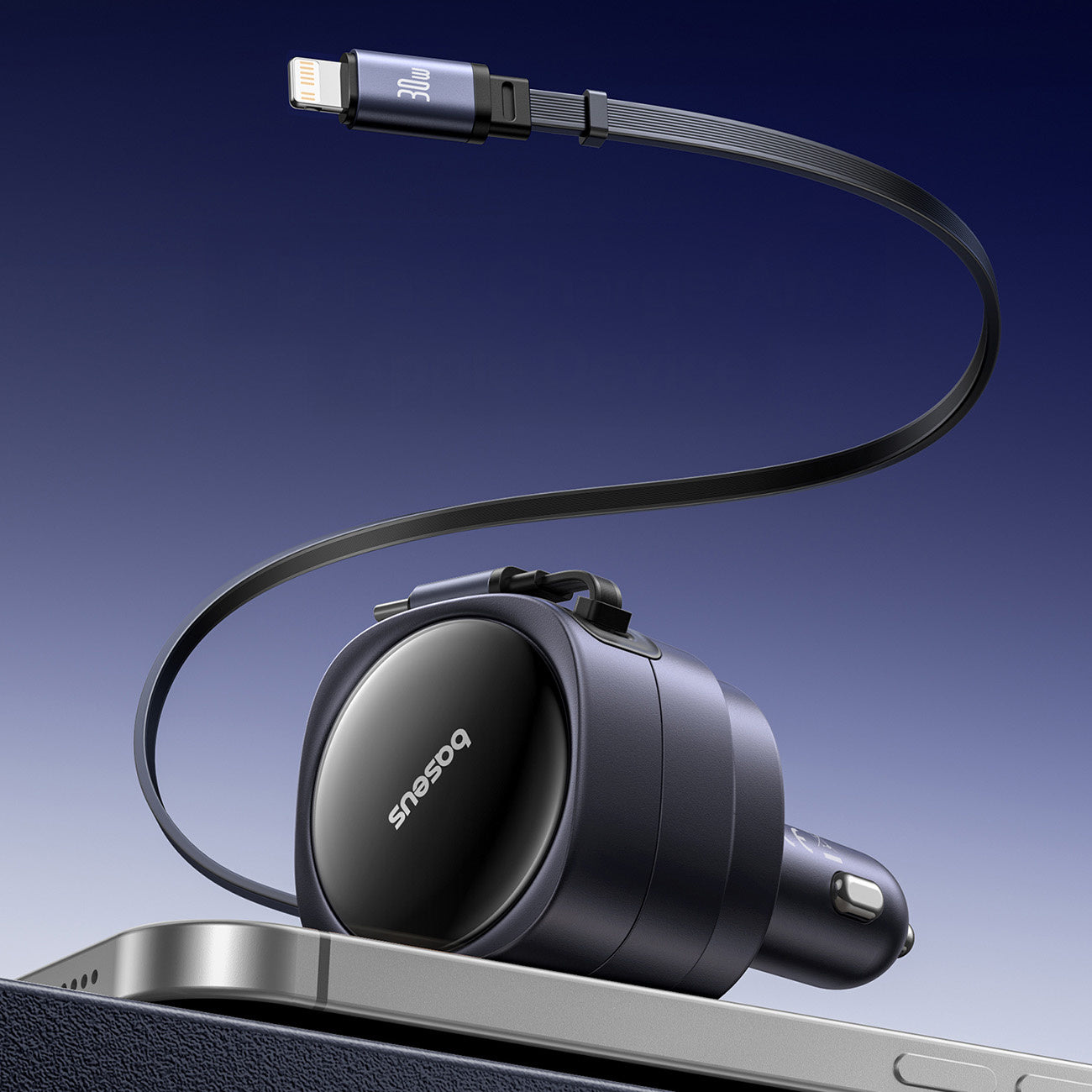 Baseus Enjoyment Max Ładowarka samochodowa 60W ze zwijanymi kablami USB-C i Lightning