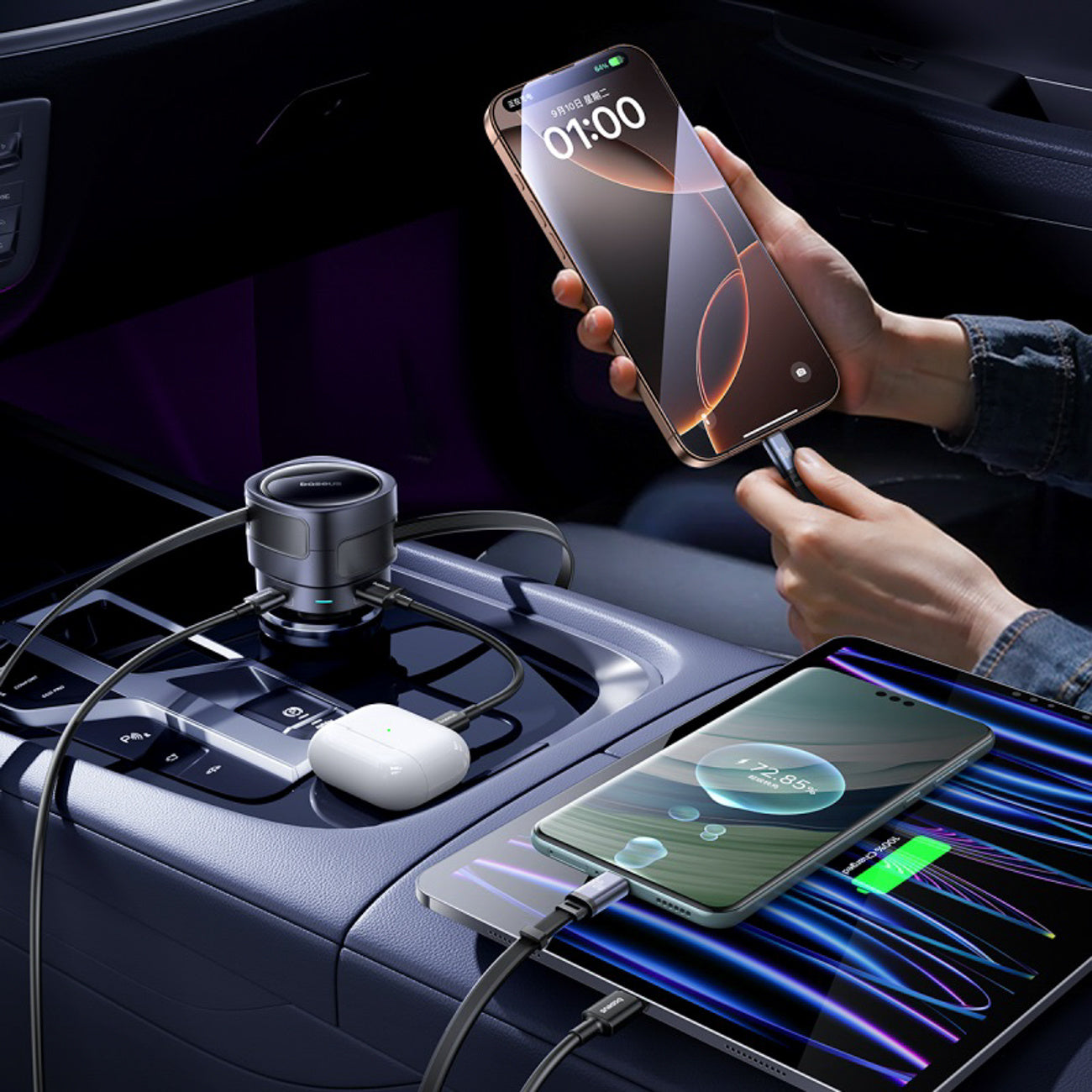 Baseus Enjoyment Max Ładowarka samochodowa 90W 2 x kabel USB-C + USB-A + USB-C