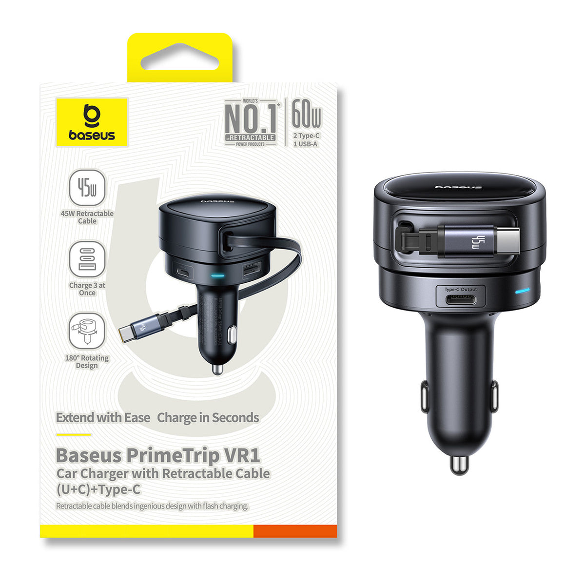 Baseus PrimeTrip VR1 Ładowarka samochodowa 60W USB-A USB-C ze zwijanym kablem USB-C