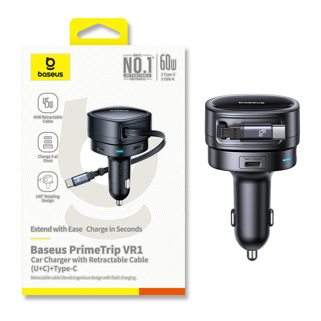 Baseus PrimeTrip VR1 Ładowarka samochodowa 60W USB-A USB-C ze zwijanym kablem USB-C