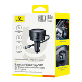 Baseus PrimeTrip VR1 Ładowarka samochodowa 60W USB-A USB-C ze zwijanym kablem USB-C