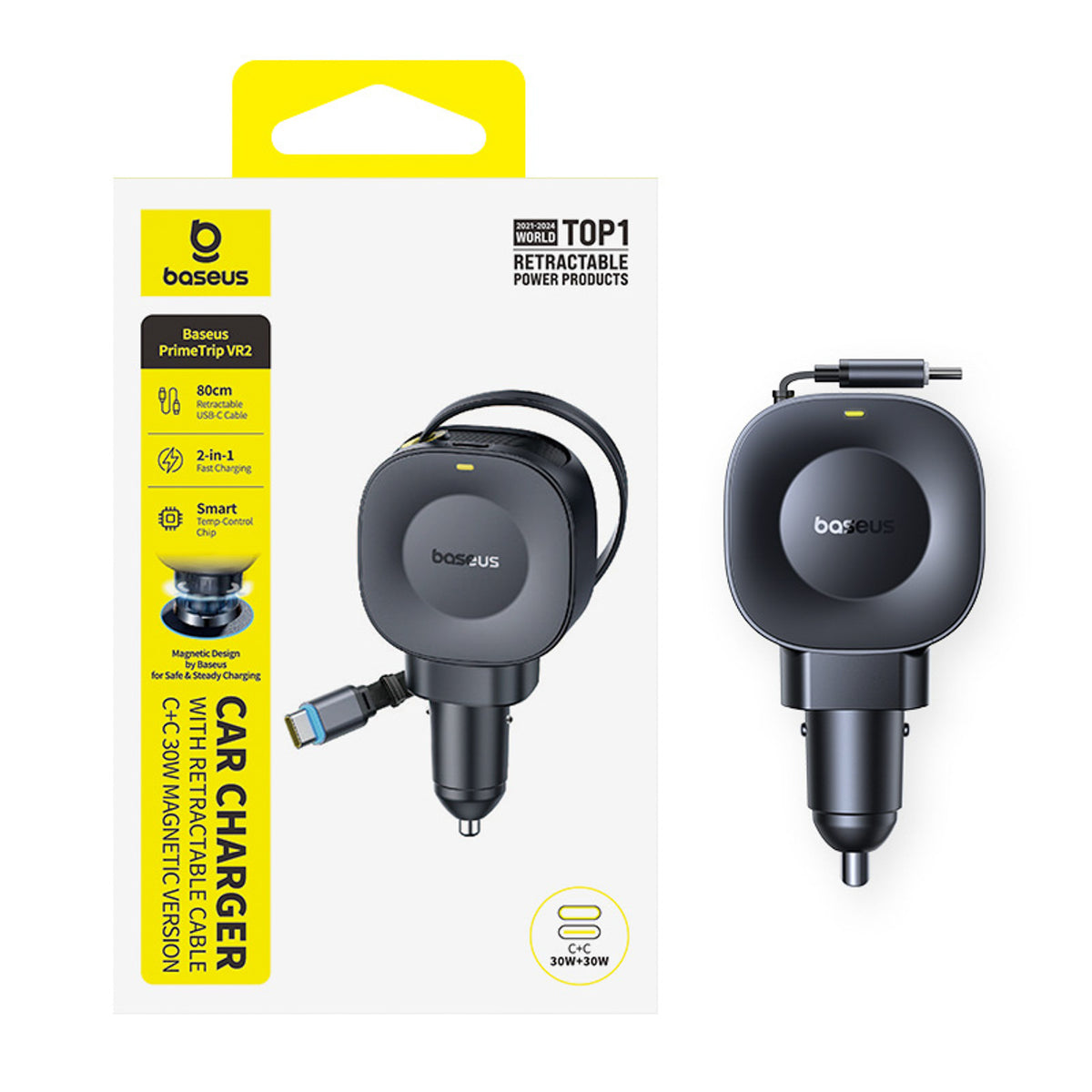 Baseus PrimeTrip VR2 Ładowarka samochodowa 30W + 30W ze zwijanym kablem USB-C