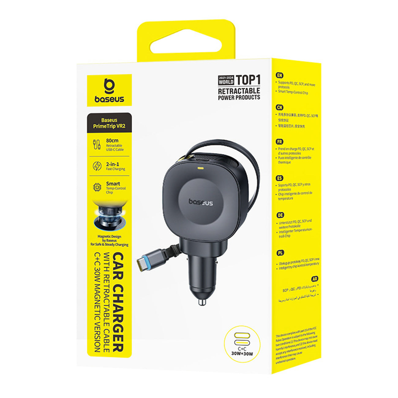 Baseus PrimeTrip VR2 Ładowarka samochodowa 30W + 30W ze zwijanym kablem USB-C
