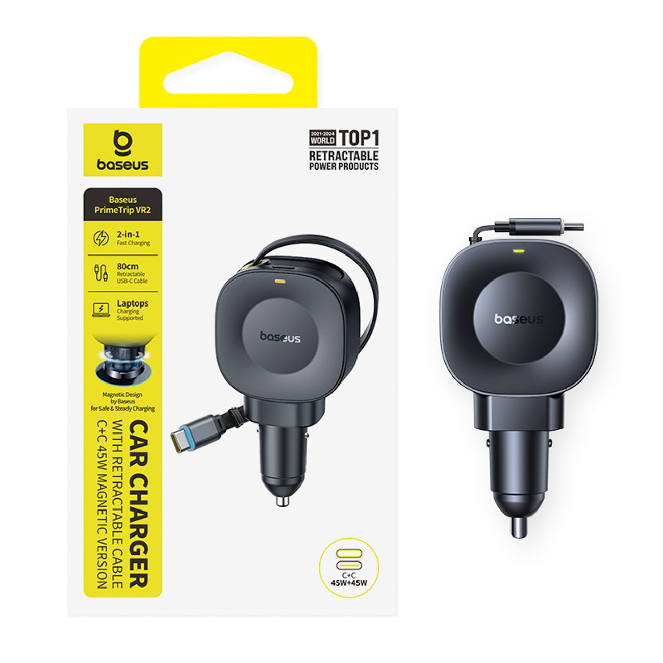 Baseus PrimeTrip VR2 Ładowarka samochodowa 45W + 45W ze zwijanym kablem USB-C