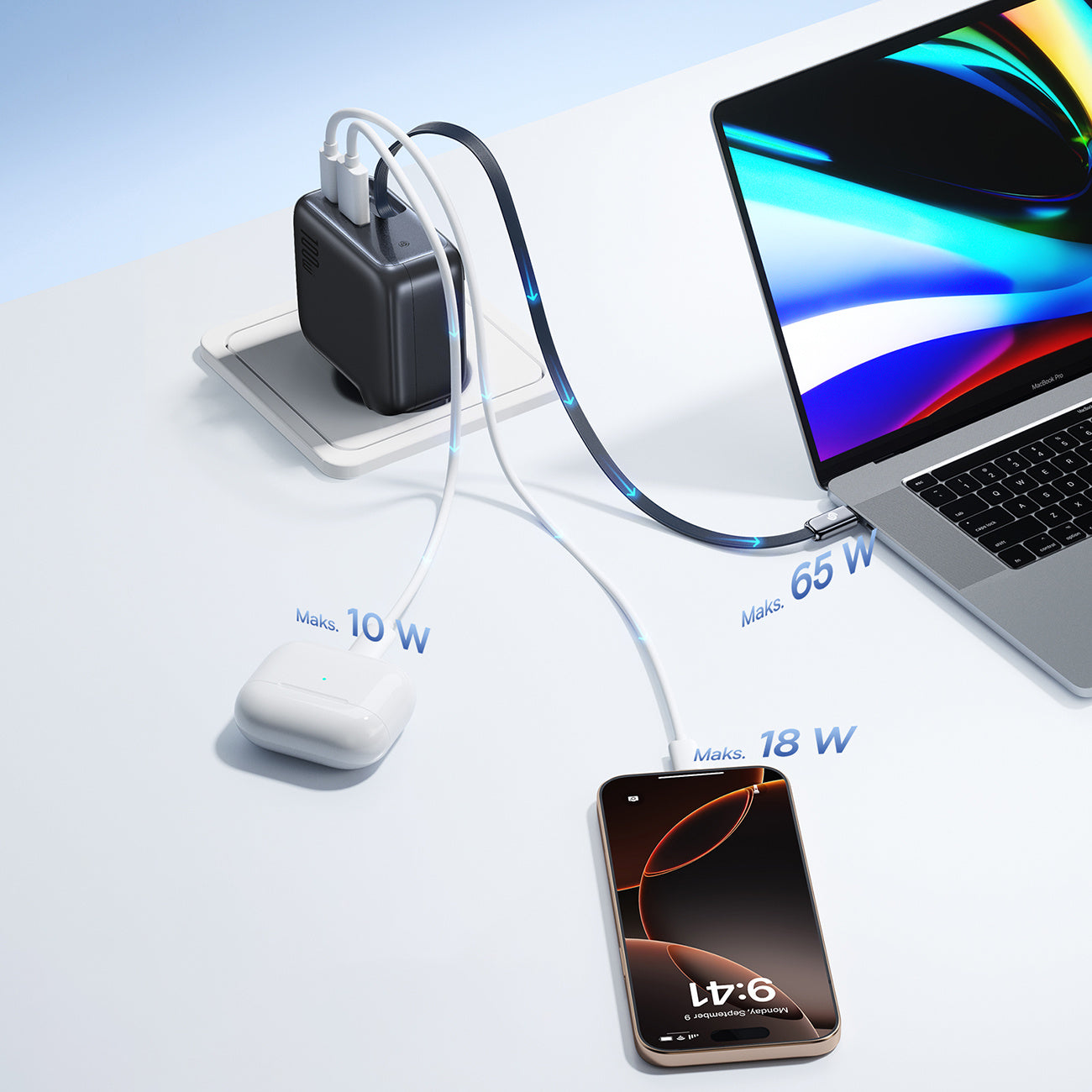 Baseus EnerCore CJ11 Ładowarka sieciowa 100W USB-C USB-A ze zwijanym kablem USB-C