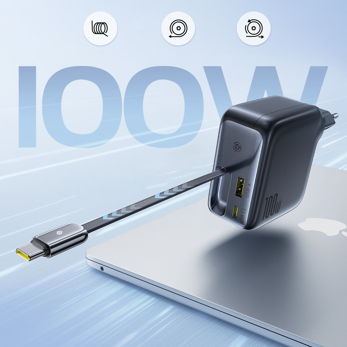 Baseus EnerCore CJ11 Ładowarka sieciowa 100W z portami USB-A i USB-C oraz zwijanym kablem USB-C