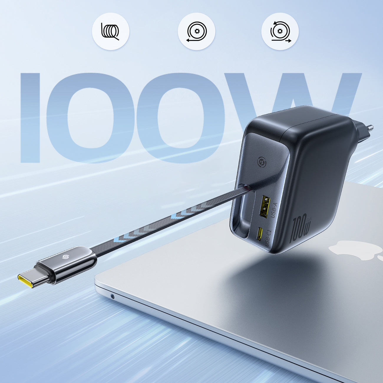 Baseus EnerCore CJ11 Ładowarka sieciowa 100W z portami USB-A i USB-C oraz zwijanym kablem USB-C