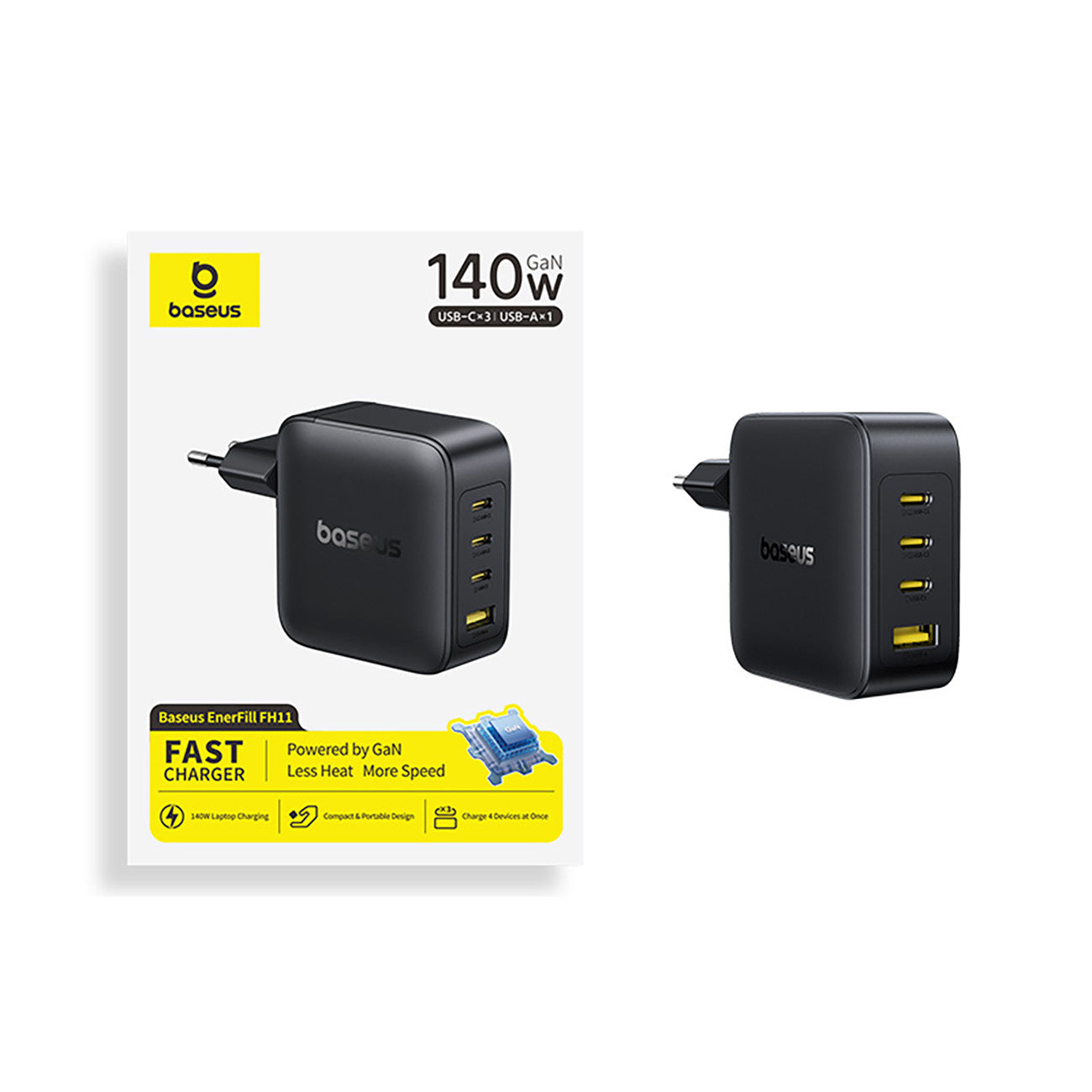 Baseus EnerFill FH11 GaN Ładowarka sieciowa 4-portowa 140W 3xUSB-C + 1xUSB-A