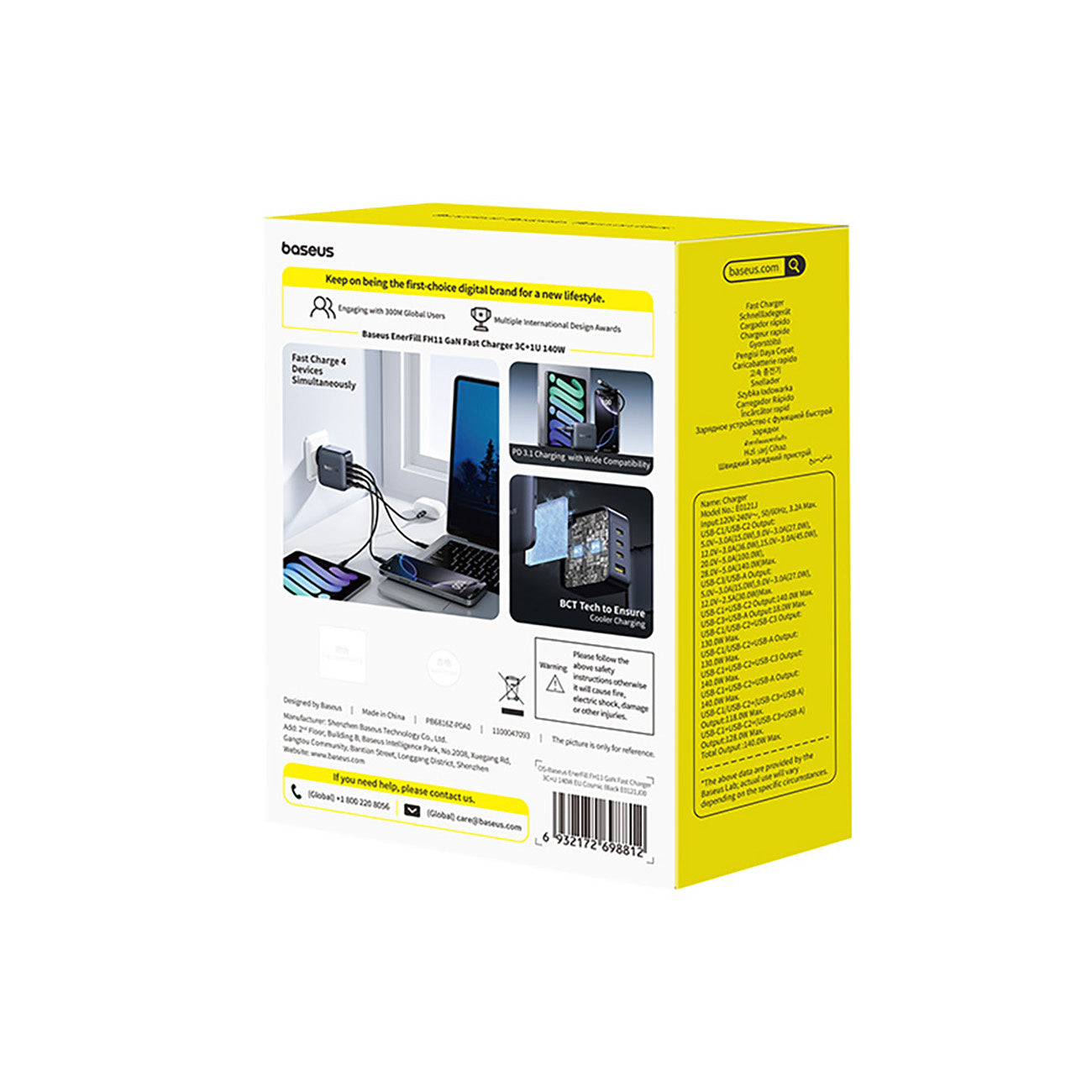 Baseus EnerFill FH11 GaN Ładowarka sieciowa 4-portowa 140W 3xUSB-C + 1xUSB-A