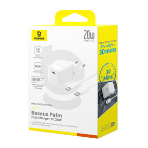 Baseus Palm 1C Ładowarka sieciowa USB-C 20W (z kablem Baseus Mini White USB-C 60W 1m)