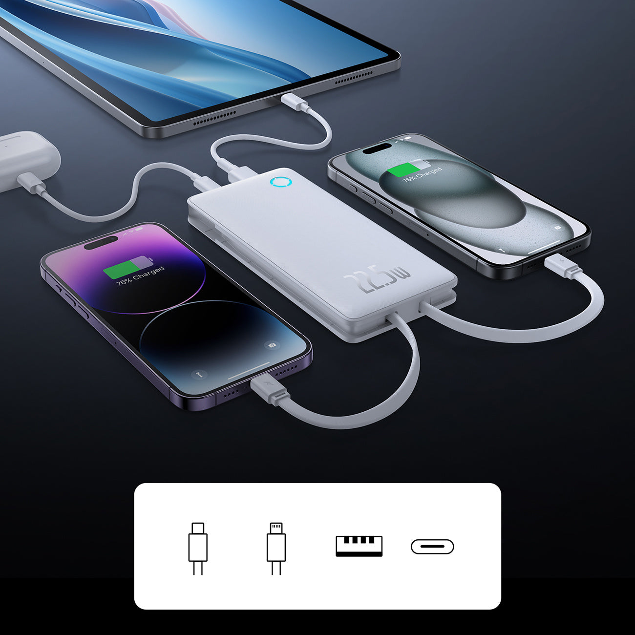 Powerbank Baseus Airpow Lite 10000mAh 22,5W z wbudowanymi kablami USB-C i Lightning