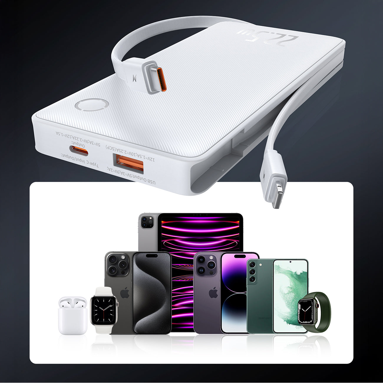 Powerbank Baseus Airpow Lite 10000mAh 22,5W z wbudowanymi kablami USB-C i Lightning