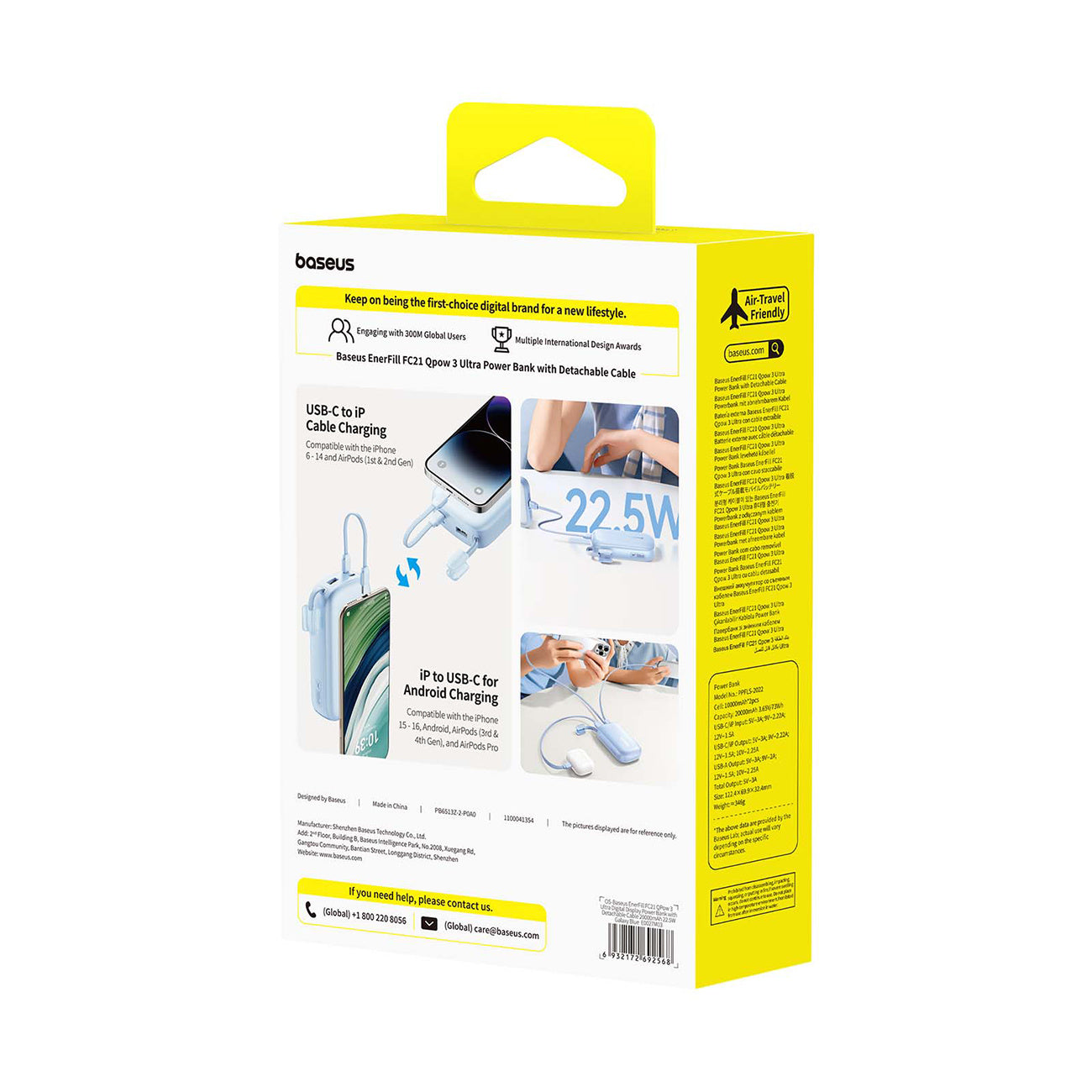 Powerbank Baseus EnerFill FC21 Qpow3 Ultra 20000mAh 22,5W z wyświetlaczem i odłączanym kablem