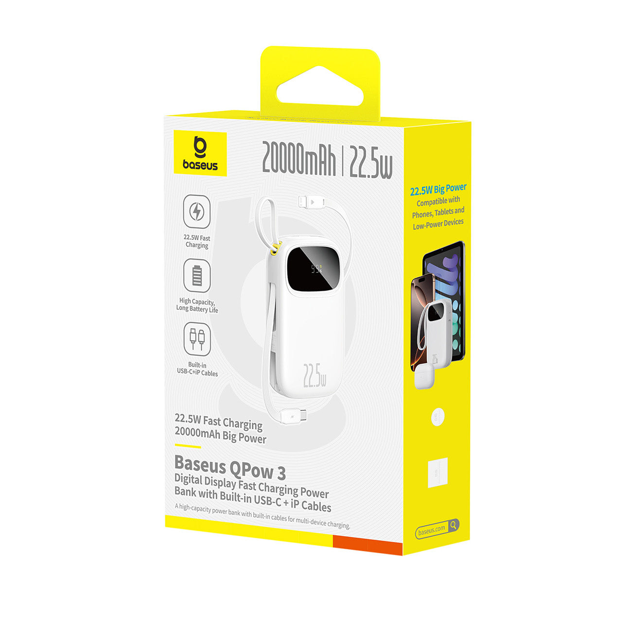 Powerbank Baseus EnerFill FC31 20000mAh 22.5W z wyświetlaczem cyfrowym i 2 wbudowanymi kablami (USB-C + Lightning)