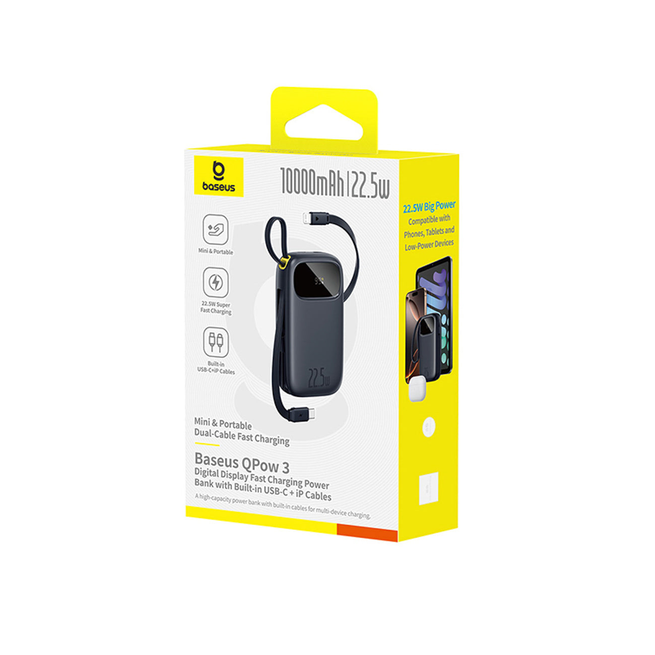 Powerbank Baseus EnerFill FC31 QPow3 10000mAh 22.5W z wyświetlaczem cyfrowym i 2 wbudowanymi kablami (USB-C + Lightning)