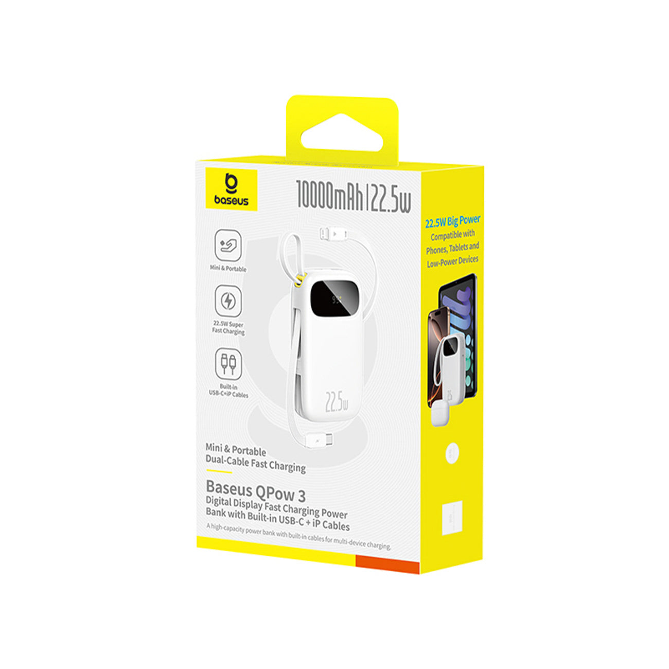 Baseus EnerFill FC31 QPow3 Powerbank 10000mAh 22.5W z wyświetlaczem cyfrowym i 2 wbudowanymi kablami