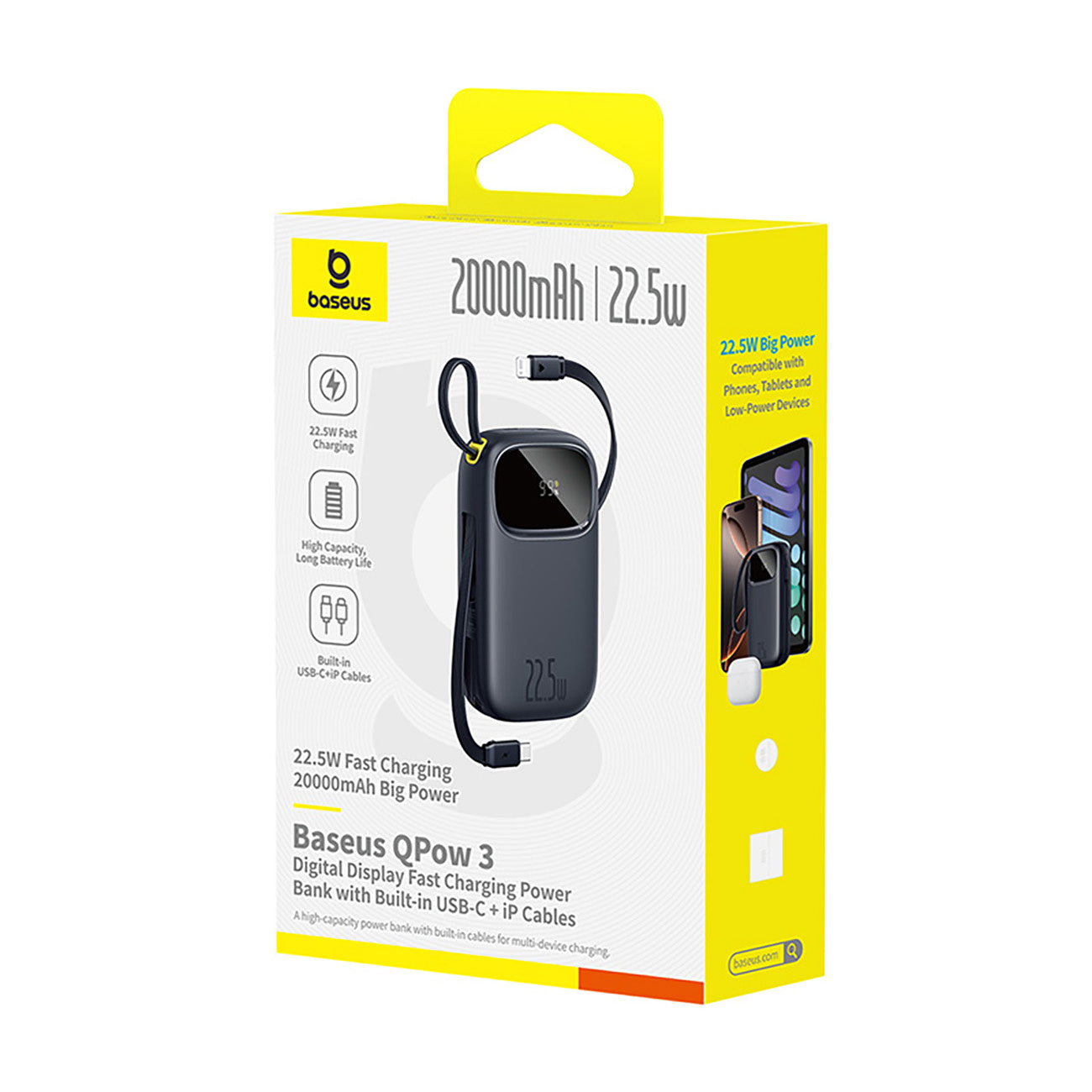 Powerbank Baseus EnerFill FC31 QPow3 20000mAh 22.5W z wyświetlaczem cyfrowym i 2 wbudowanymi kablami (USB-C + Lightning)