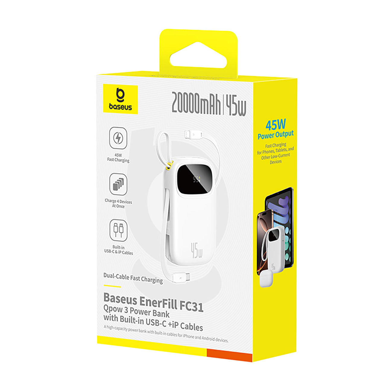 Powerbank Baseus EnerFill FC31 QPow3 20000mAh 45W z wyświetlaczem cyfrowym i 2 wbudowanymi kablami (USB-C + Lightning)