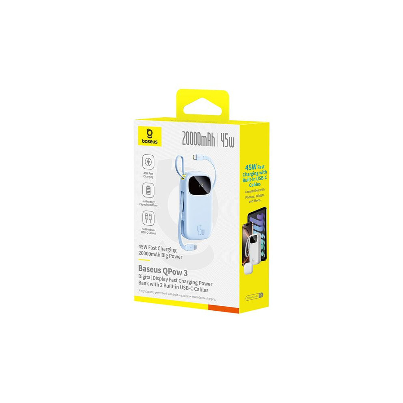 Powerbank Baseus EnerFill FC31 QPow3 20000mAh 45W z wyświetlaczem cyfrowym z 2 wbudowanymi kablami USB-C