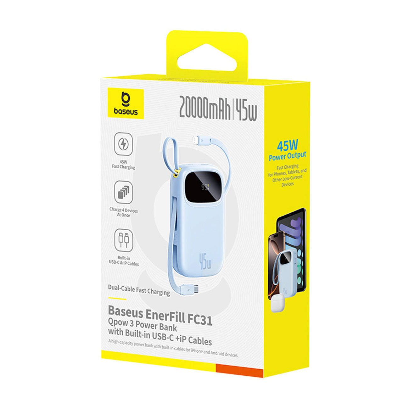Powerbank Baseus EnerFill FC31 QPow3 20000mAh 45W z wyświetlaczem z kablami USB-C i Lightning