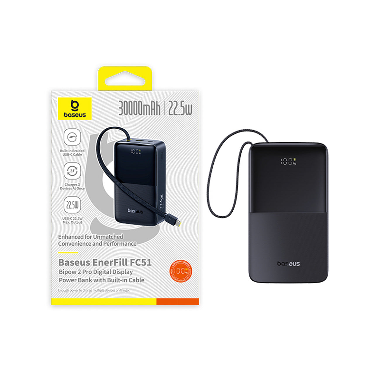 Baseus EnerFill FC51 Bipow 2 Pro Powerbank 30000mAh 22.5W z wyświetlaczem cyfrowym z wbudowanym kablem USB-C