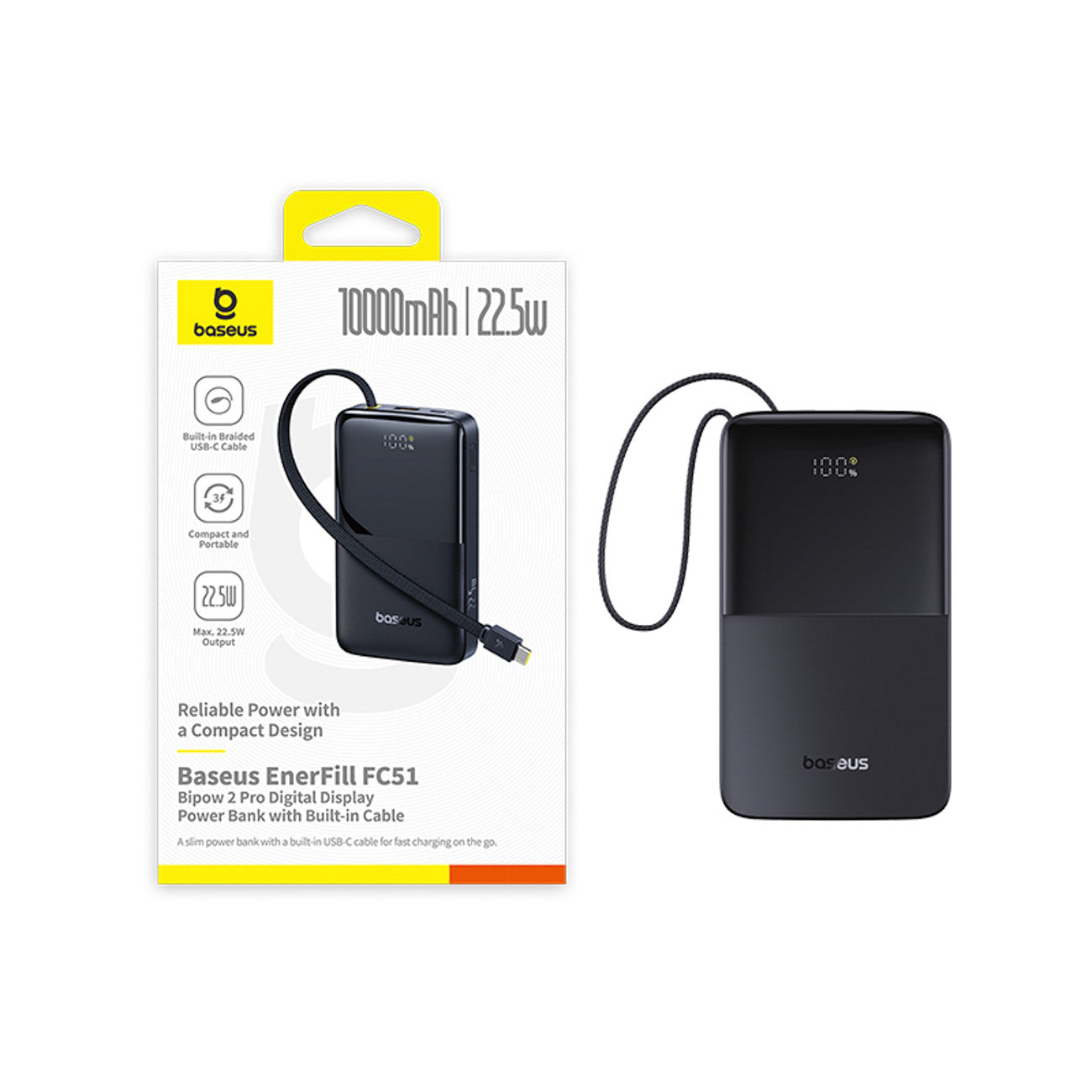 Powerbank Baseus EnerFill FC51 Bipow2 Pro 10000mAh 22.5W z wyświetlaczem cyfrowym i wbudowanym kablem