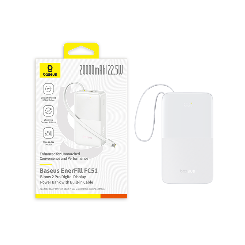 Powerbank Baseus EnerFill FC51 Bipow2 Pro 20000mAh 22.5W z wyświetlaczem cyfrowym i wbudowanym kablem