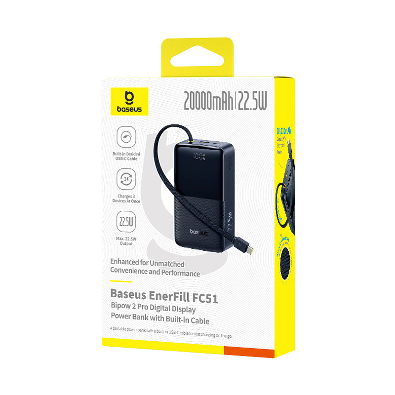 Baseus EnerFill FC51 Bipow2 Pro Powerbank 20000mAh 22.5W z wyświetlaczem cyfrowym i wbudowanym kablem