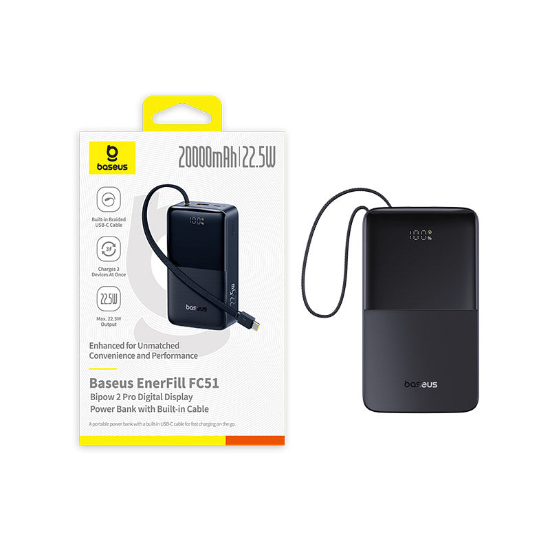 Baseus EnerFill FC51 Bipow2 Pro Powerbank 20000mAh 22.5W z wyświetlaczem cyfrowym i wbudowanym kablem