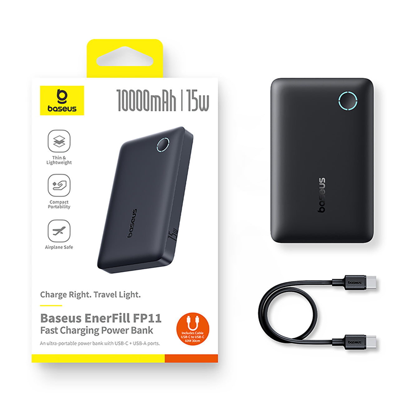 Powerbank Baseus EnerFill FP11 10000mAh 15W (z kablem Simple USB-C - USB-C 20V/3A 30cm)