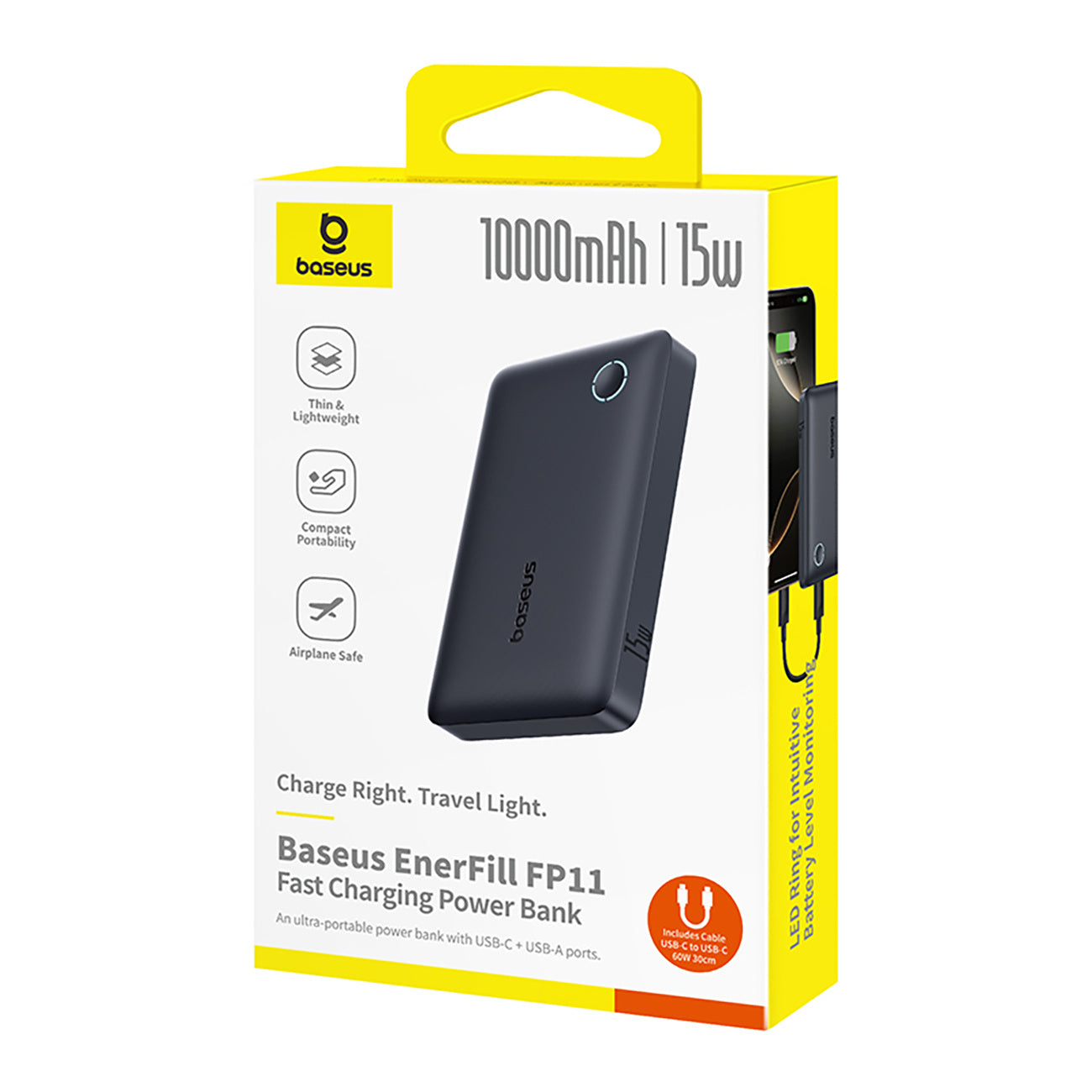 Powerbank Baseus EnerFill FP11 10000mAh 15W (z kablem Simple USB-C - USB-C 20V/3A 30cm)