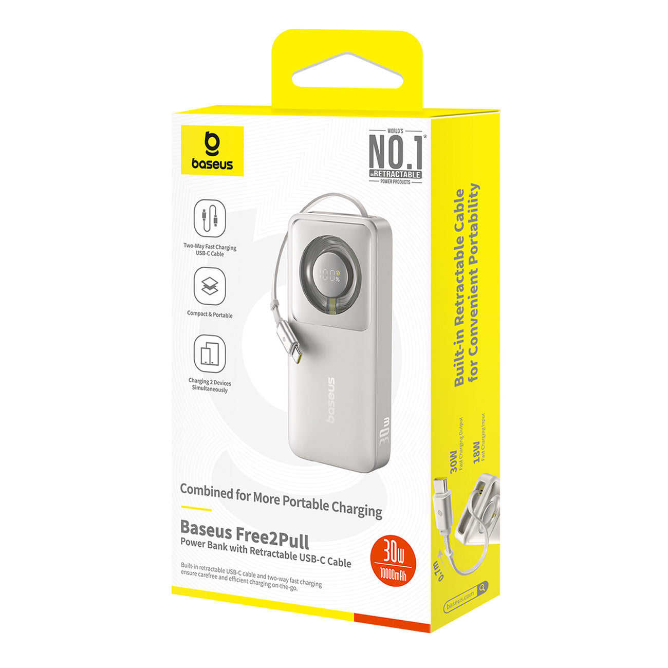 Powerbank Baseus Free2Pull 10000mAh 30W z portem USB-C i rozwijanym kablem USB-C