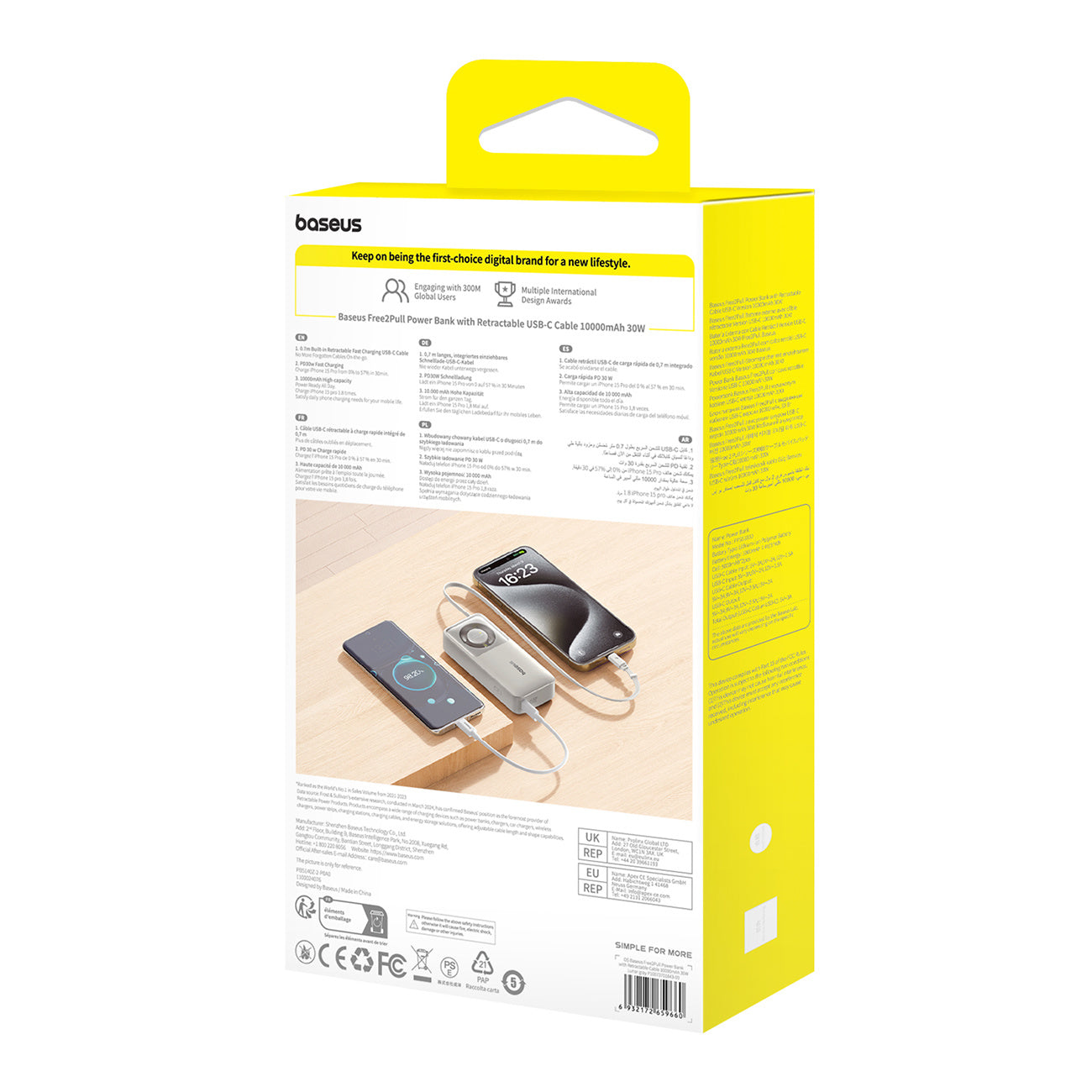 Powerbank Baseus Free2Pull 10000mAh 30W z portem USB-C i rozwijanym kablem USB-C