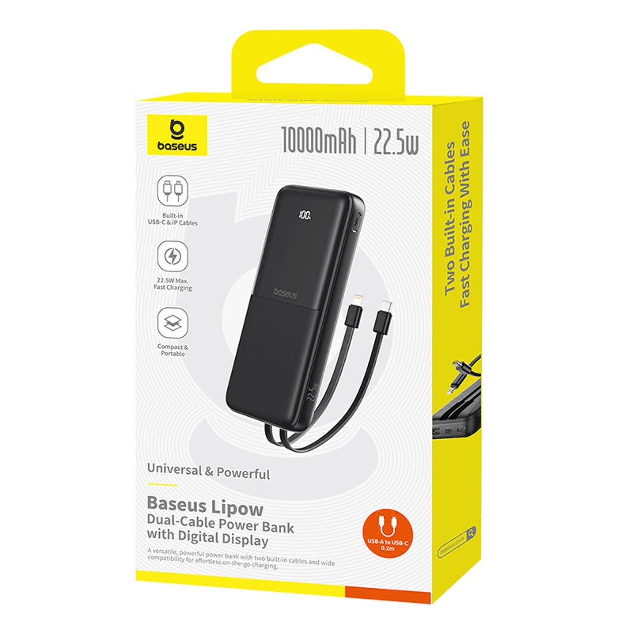 Baseus Lipow Powerbank 10000mAh 22.5W z podwójnym wbudowanym kablem i wyświetlaczem