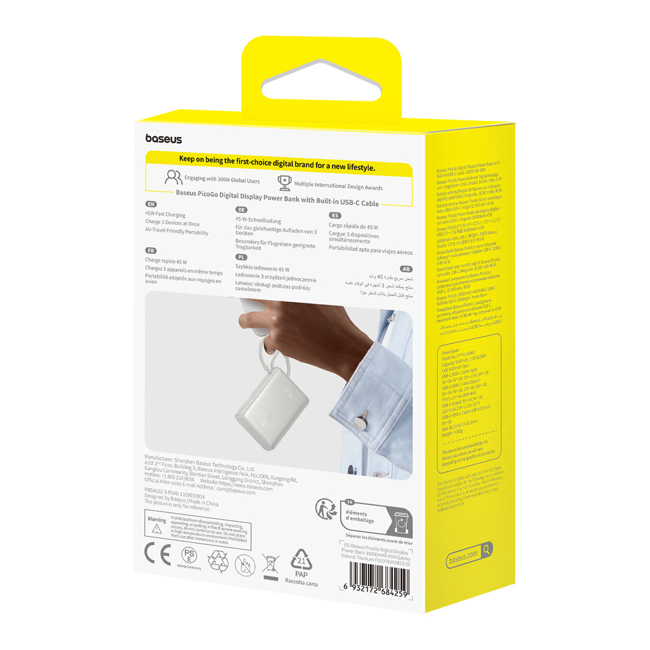 Baseus PicoGo Powerbank 10000mAh 45W z wyświetlaczem cyfrowym i wbudowanym kablem USB-C