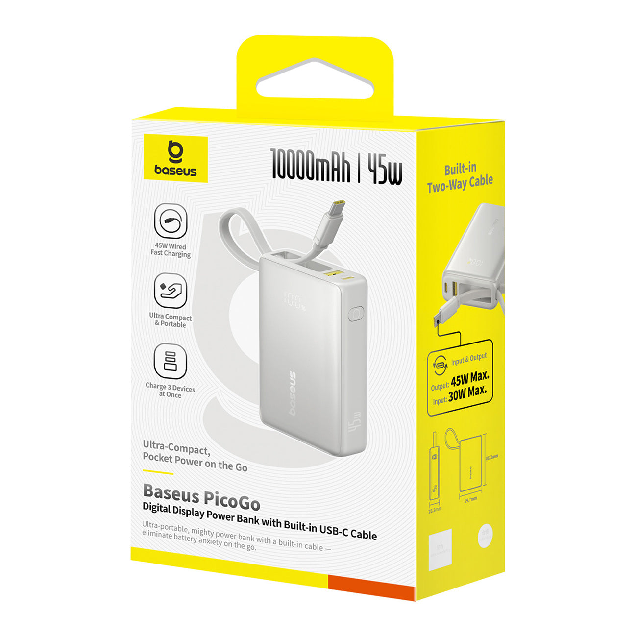 Baseus PicoGo Powerbank 10000mAh 45W z wyświetlaczem cyfrowym i wbudowanym kablem USB-C