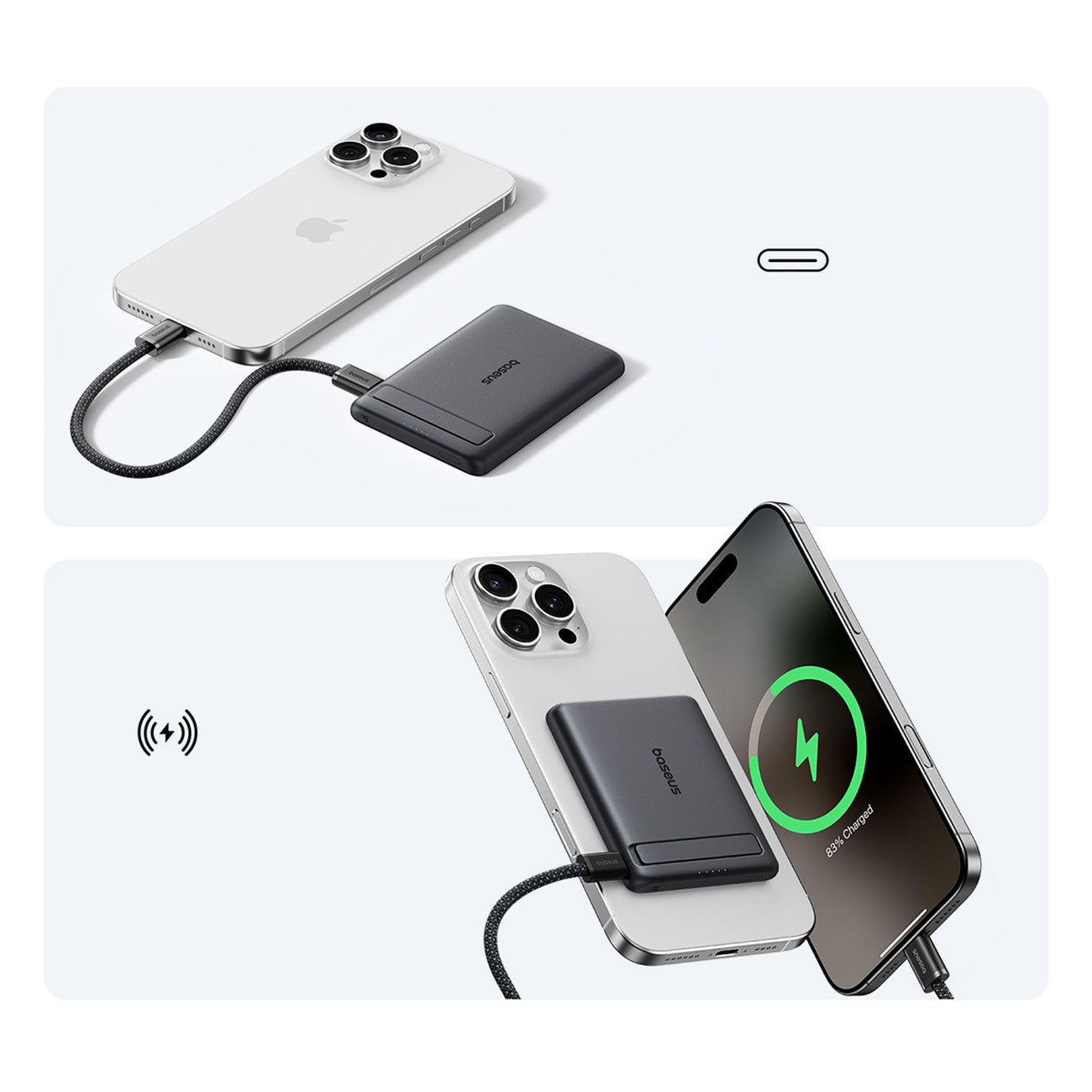 Powerbank Baseus PicoGo AM31 Qi2 5000mAh 20W kompatybilny z MagSafe z podstawką (z kablem Simple Braided USB-C - USB-C 30cm)