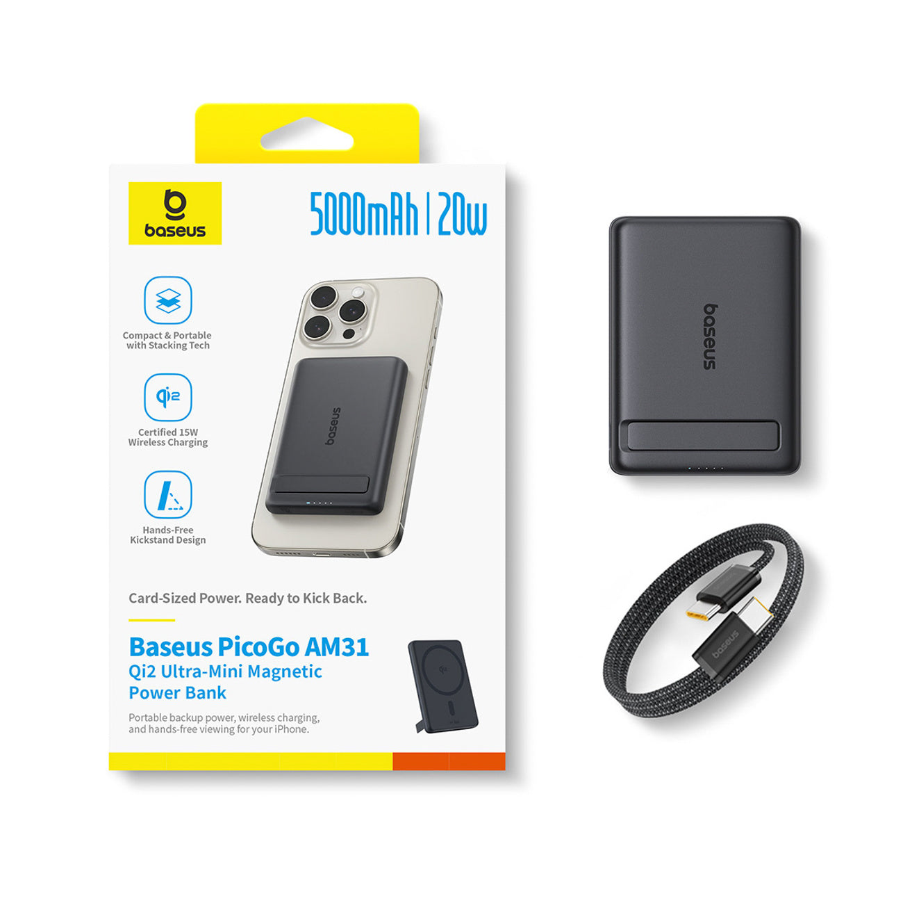 Powerbank Baseus PicoGo AM31 Qi2 5000mAh 20W kompatybilny z MagSafe z podstawką (z kablem Simple Braided USB-C - USB-C 30cm)