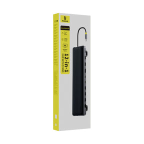 Stacja dokująca Baseus EliteJoy EH3 hub 12w1 USB-C - 2xHDMI 4K@60Hz DisplayPort 4K@60Hz 2xUSB-C 10Gb/s 2xUSB-A 5Gb/s USB-A 480Mb/s SD/microSD 3.0 RJ45 1Gigabit USB-C PowerDelivery
