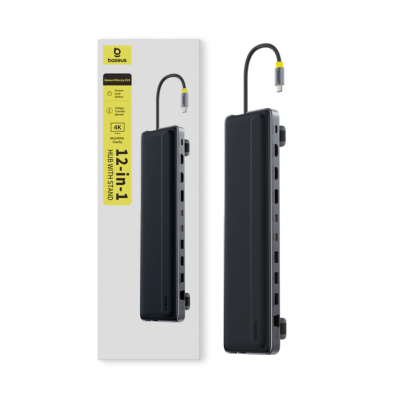 Stacja dokująca Baseus EliteJoy EH3 hub 12w1 USB-C - 2xHDMI 4K@60Hz DisplayPort 4K@60Hz 2xUSB-C 10Gb/s 2xUSB-A 5Gb/s USB-A 480Mb/s SD/microSD 3.0 RJ45 1Gigabit USB-C PowerDelivery