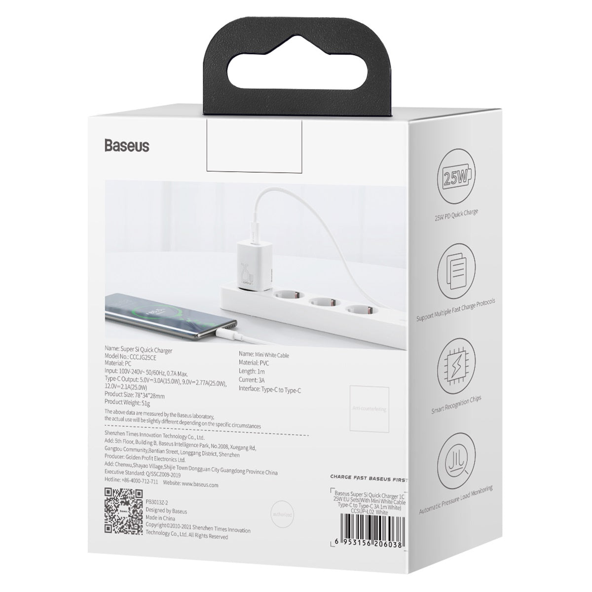 Baseus Si Szybka ładowarka sieciowa USB-C 25W 3A z kablem USB-C / USB-C 1m